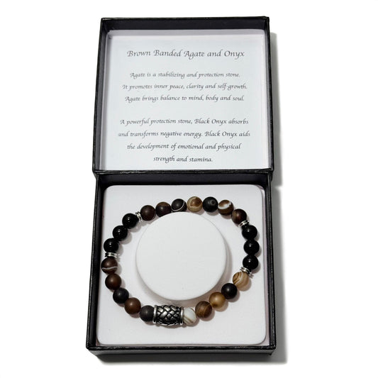 Men's Bracelet Matte Brown Banded Agate Onyx & Hemp Knot Bucket Bead - 1st Stop Marshall's Health Shop, Gift Shop! - Heath and Natural Therapy New Brighton Christchurch - Naturopath