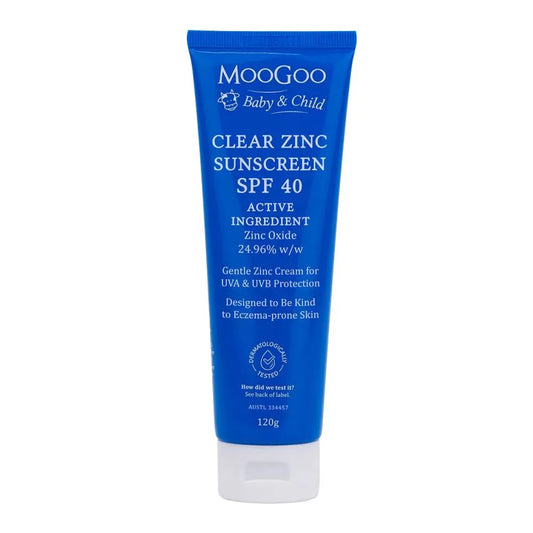 MooGoo Baby & Child Clear Zinc Sunscreen SPF 40 120g We wish making a good sunscreen using only Zinc as the active was as easy as putting Zinc into a moisturiser; but it’s not. Developing a sunscreen with broad-spectrum sun protection using only Zinc, without being too greasy is very complicated. The cream needs to be stable, provide a good reflective film, be naturally preserved etc. All of these things took us 4 years of work to achieve. 