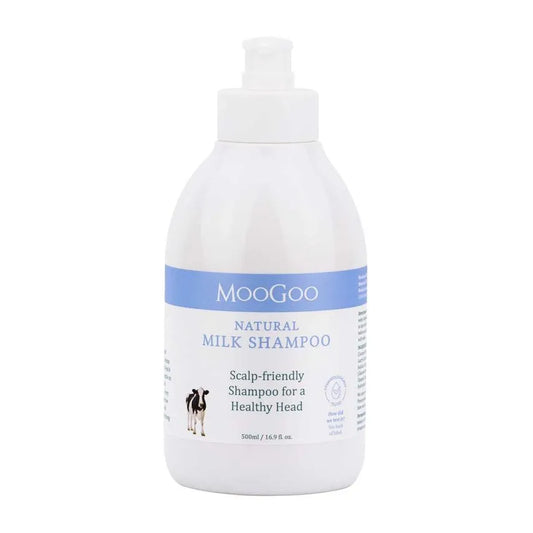 MooGoo Milk Shampoo 500ml Our Milk Shampoo is one of our most popular products. It was originally made for a family member who had a scalp so itchy they went to bed with olive oil on their scalp and cling wrap around their head. It took us 6 months of trialing until we were able to banish the cling wrap to the kitchen for good.