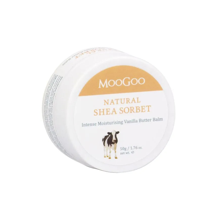 MooGoo Shea Sorbet Vanilla Butter Balm 50g Got hands or hooves so dry that they crack? We made this delicious butter balm for a few close friends who had skin in need of some extra attention and serious thirst-quenching. For times like these, a normal moisturiser just won’t cut it. Learn to love those extra dry areas such as hands, knees, heels and elbows that always seem to be a little rougher than the rest.