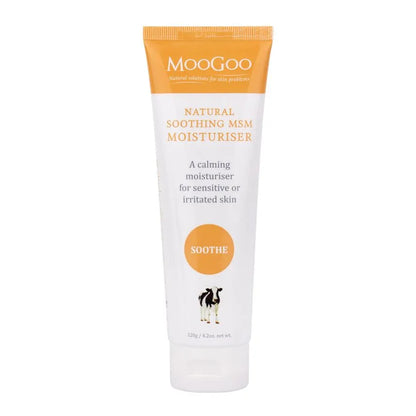 MooGoo Soothing MSM Moisturiser 120g We made this cream with the sensitive types in mind. We know how frustrating it can be for those with fussy skin that react to just about anything and everything. This lightweight cream is made using the moisturising base of our Full Cream Moisturiser which is full of oils that are high in the types of fatty acids that healthy skin needs and irritated skin loves.