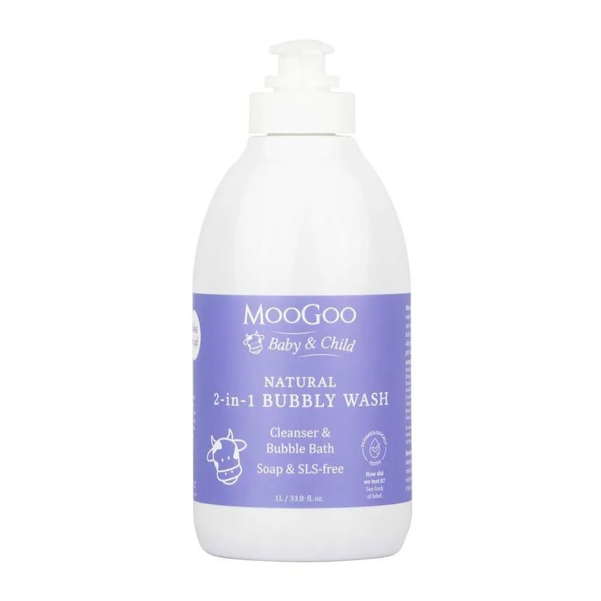 MooGoo 2-1 Bubbly Wash 1lt Babies need cleansers in their bath for hygiene. Washing with water alone doesn’t remove much dirt and any of the other things babies can get into. But a lot of the commercial wash products out there are made with cheap, synthetic detergents that can strip the skin of its natural oils, leaving it high and dry.  The ones that make big bubbles can be particularly drying, but every parent knows, BABIES NEED BUBBLES! The biggest bubbles in town are made by Sodium Laureth Sulphate.