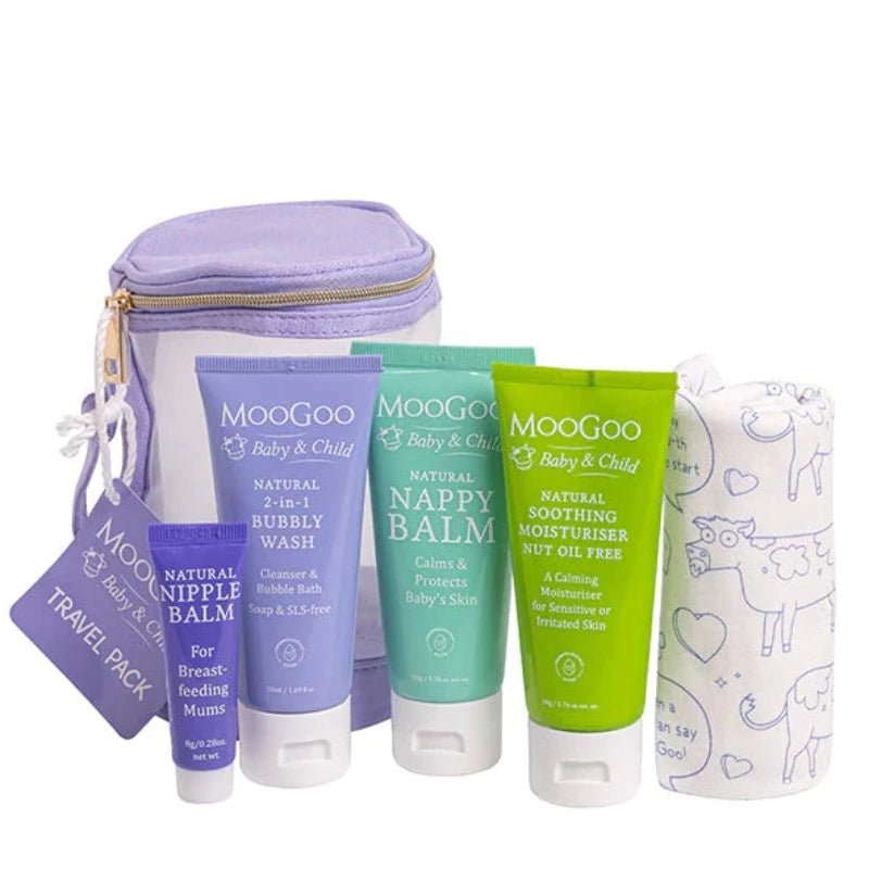 MooGoo Baby Travel Pack Now you can get all of our most popular and essential baby products in convenient travel sizes. These are also suitable for carry-on luggage, for when bub is on the MOOve!