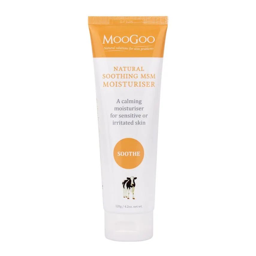 MooGoo Soothing MSM Moisturiser 120g We made this cream with the sensitive types in mind. We know how frustrating it can be for those with fussy skin that react to just about anything and everything. This lightweight cream is made using the moisturising base of our Full Cream Moisturiser which is full of oils that are high in the types of fatty acids that healthy skin needs and irritated skin loves.