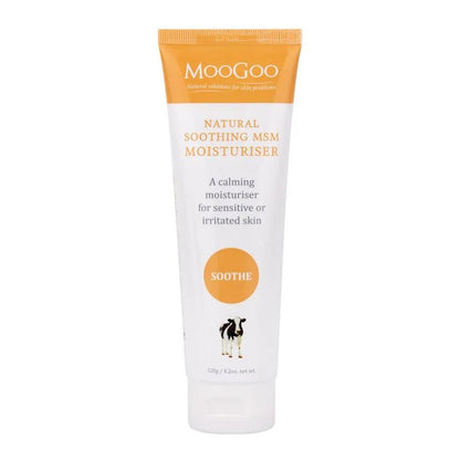 MooGoo Soothing MSM Moisturiser 120g We made this cream with the sensitive types in mind. We know how frustrating it can be for those with fussy skin that react to just about anything and everything. This lightweight cream is made using the moisturising base of our Full Cream Moisturiser which is full of oils that are high in the types of fatty acids that healthy skin needs and irritated skin loves.
