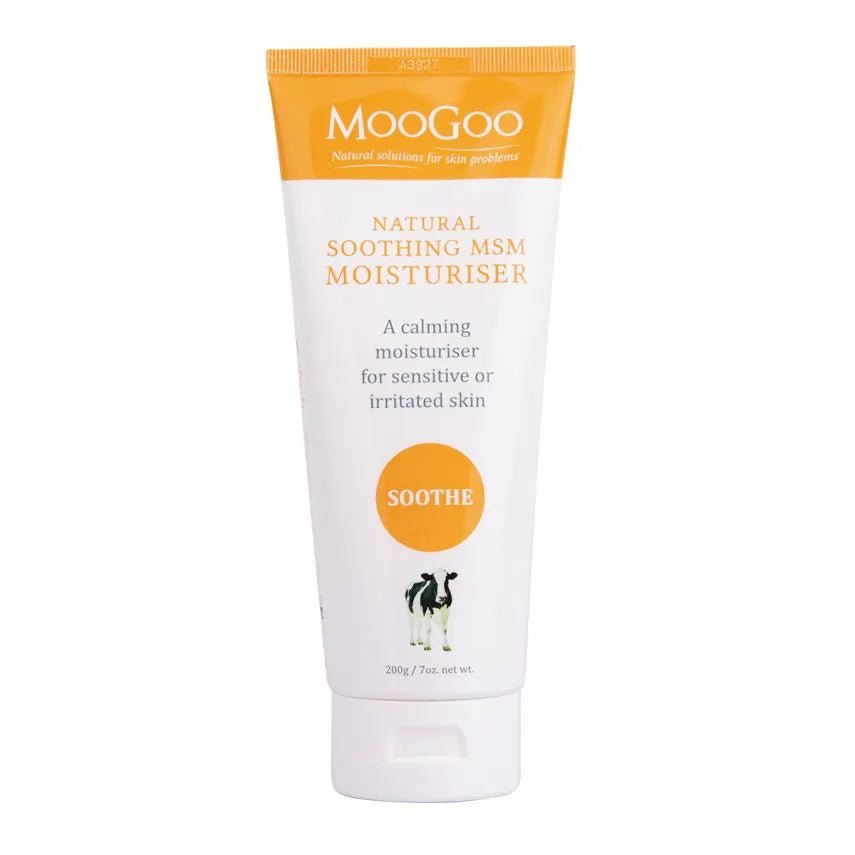 MooGoo Soothing MSM Moisturiser 200g We made this cream with the sensitive types in mind. We know how frustrating it can be for those with fussy skin that react to just about anything and everything. This lightweight cream is made using the moisturising base of our Full Cream Moisturiser which is full of oils that are high in the types of fatty acids that healthy skin needs and irritated skin loves.