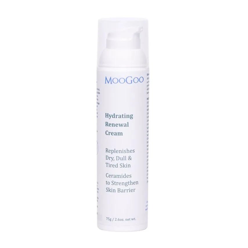 MooGoo Hydrating Renewal Face Cream 75g 1st Stop, Marshall's Health Shop!  Tired of tired-looking skin? While nothing beats drinking lots of water and good ol’ fashioned R&R (we don’t get nearly enough of those), this cream of the crop comes pretty darn close. Dry skin is one of the main causes for the signs of ageing to show up before their time – although showing up never would be great – and can make us look a lot older than we’re feeling.