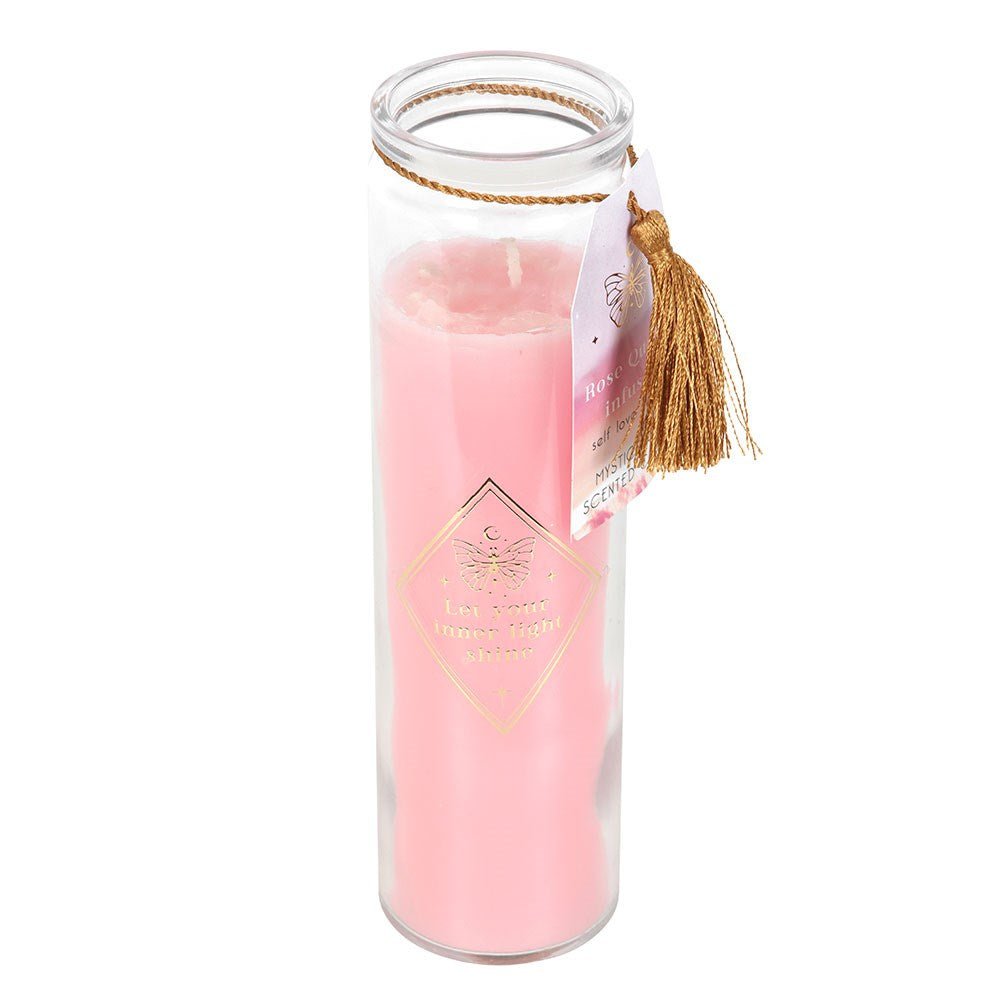 Mystic Rose Tube Candle with Rose Quartz Crystals

Inspired by traditional 7-day prayer candles, this tube candle comes in a beautiful mystical rose fragrance. Accented with gold 'Let your inner light shine' text and rose quartz crystal chips, this candle promotes self-love and confidence. Crystals will release from wax with use and can be reused for a multitude of spiritual purposes. Paraffin wax. Approximately 50 hours of burn time. 1st Stop, Marshall's Health Shop, Gift Shop!