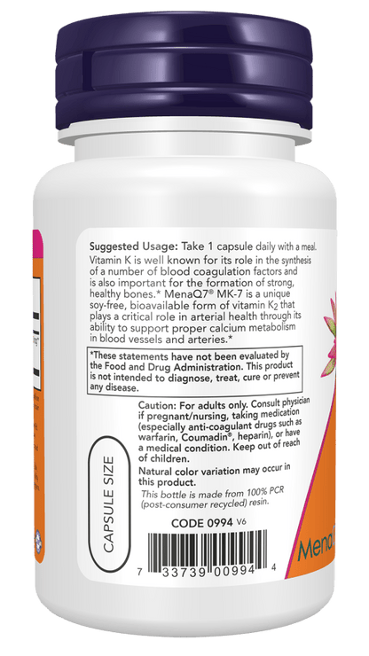NOW Foods MK - 7 Vitamin K - 2, Extra Strength 300 mcg 60 Veg Capsules - 1st Stop Marshall's Health Shop, Gift Shop! - Heath and Natural Therapy New Brighton Christchurch - Naturopath