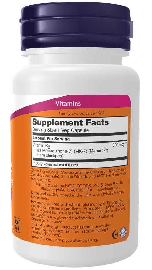 NOW Foods MK-7 Vitamin K-2, Extra Strength 300 mcg 60 Veg Capsules

Vitamin K is well known for its role in the synthesis of a number of blood coagulation factors and is also important for the formation of strong, healthy bones.* MenaQ7® MK-7 is a unique soy-free, bioavailable form of vitamin K-2 that plays a critical role in arterial health through its ability to support proper calcium metabolism in blood vessels and arteries.*
1st Stop, Marshall's Health Shop!
