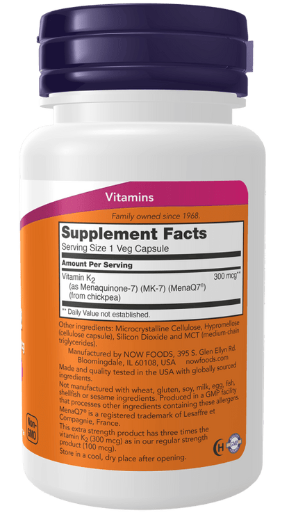 NOW Foods MK-7 Vitamin K-2, Extra Strength 300 mcg 60 Veg Capsules

Vitamin K is well known for its role in the synthesis of a number of blood coagulation factors and is also important for the formation of strong, healthy bones.* MenaQ7® MK-7 is a unique soy-free, bioavailable form of vitamin K-2 that plays a critical role in arterial health through its ability to support proper calcium metabolism in blood vessels and arteries.*
1st Stop, Marshall's Health Shop!
