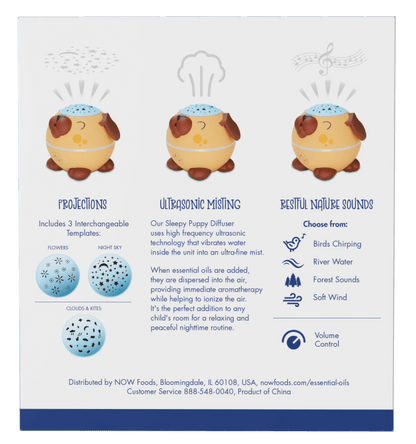 NOW Foods Sleepy Puppy Essential Oil Diffuser 1st Stop, Marshall's Health Shop!  With NOW® Solutions' Sleepy Puppy Diffuser you can send your little ones off to sleep with the soothing sights, sounds and scents of nature. This BPA-free diffuser doesn't utilize heat, so there's no risk of burns. 