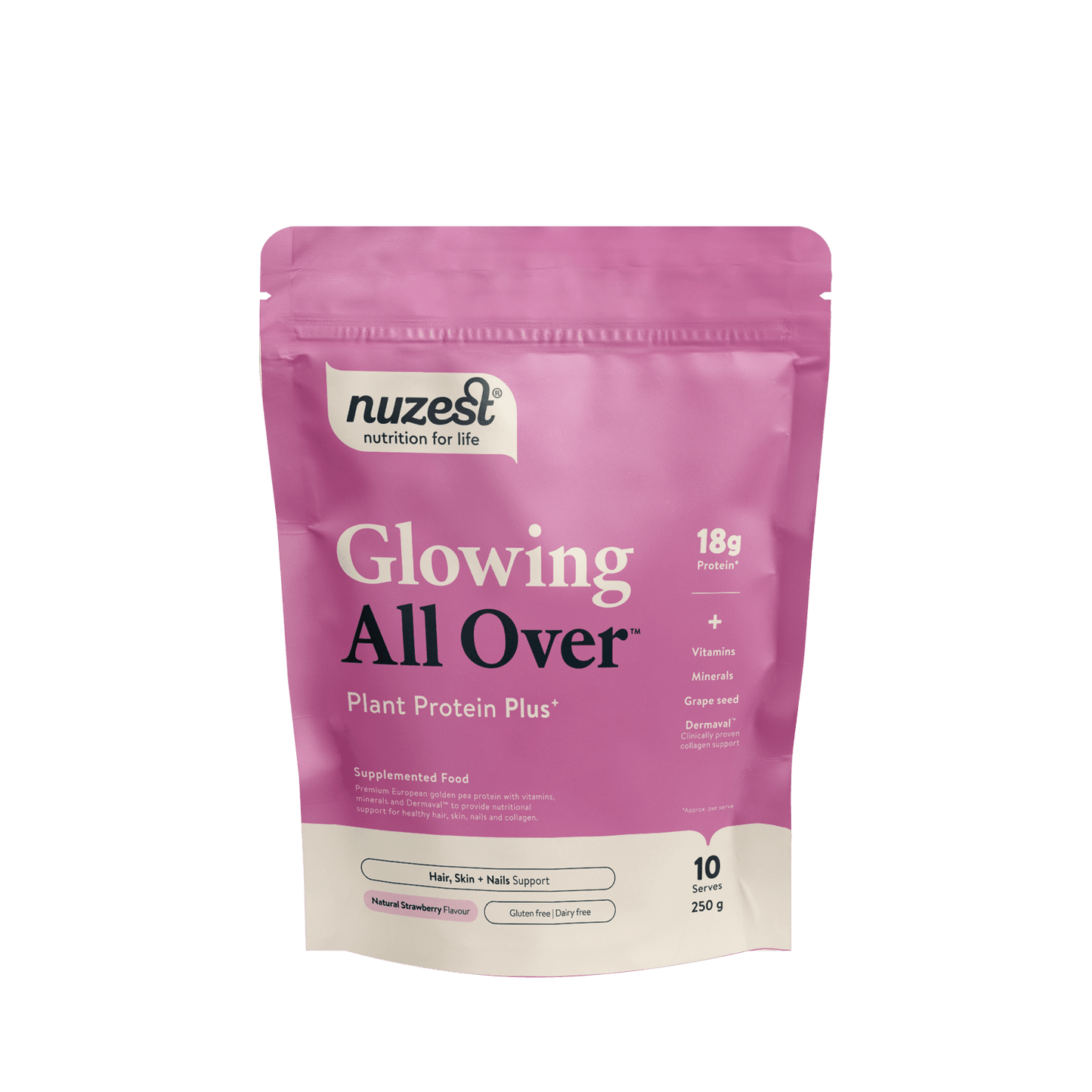 Nuzest Protein Plus Glow All Over Strawberry 250g
A plant-based beauty blend designed to support healthy hair, skin, nails and collagen. Glowing All Over combines vitamins, minerals, and protein with antioxidant-rich berries, and Dermaval™ to help protect the body’s natural collagen against age-related decline. Clean, vegan and naturally delicious, it’s a simple way to get your glow back.
18g Plant Protein
1st Stop, Marshall's Health Shop!