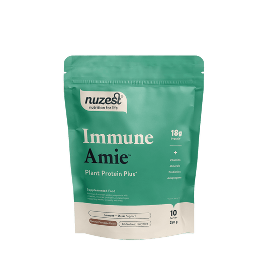 Nuzest Protein Plus Immune Amie Chocolate 250g

A plant-based immune and stress support blend with golden pea protein, probiotics, vitamins, minerals, mushrooms, and adaptogens like Panax ginseng. Immune Amie helps your body respond to daily demands while supporting your immune system from within.
1st Stop, Marshall's Health Shop!