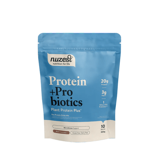 Nuzest Protein + Probiotics Rich Chocolate 300g
A plant protein drink mix made to help support your gut. With 20g golden pea protein per serve, shelf-stable probiotics, and prebiotic fibre, Protein + Probiotics helps nourish the microbiome, while supporting the function and integrity of the digestive system. It’s vegan, hypoallergenic, and easy to mix into shakes, smoothies or baking.

1st Stop, Marshall's Health Shop!