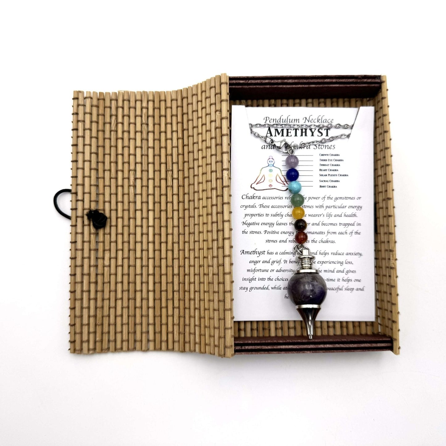 Pendulum Necklace Amethyst Chakra Beads

With Natural Bamboo Box. Box size:13x8CM- Necklace length: 70 x 9CM- Pendulum Dia 20mm

Natural Bamboo Gift Box Packaging. This item can be worn as a necklace and also used as a pendulum.

1st Stop, Marshall's Health Shop, Gift Shop!

SKU: BP1