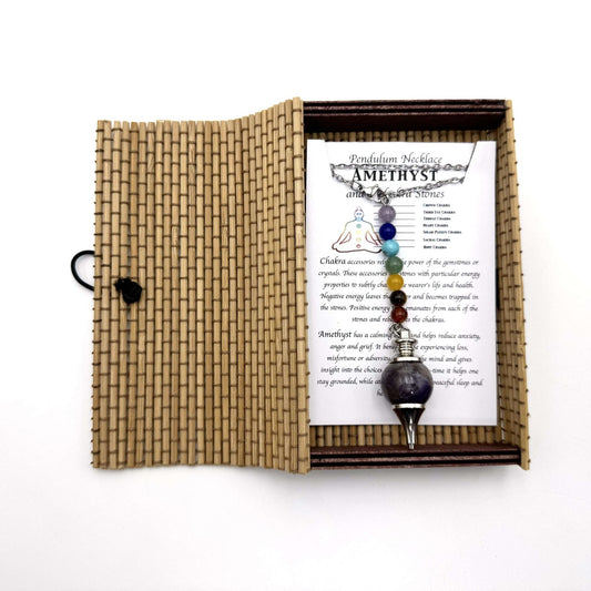 Pendulum Necklace Amethyst Chakra Beads

With Natural Bamboo Box. Box size:13x8CM- Necklace length: 70 x 9CM- Pendulum Dia 20mm

Natural Bamboo Gift Box Packaging. This item can be worn as a necklace and also used as a pendulum.

1st Stop, Marshall's Health Shop, Gift Shop!

SKU: BP1