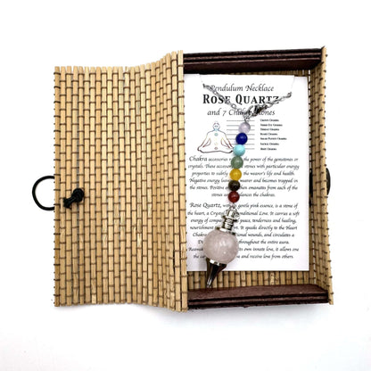 Pendulum Necklace Rose Quartz Chakra Beads

With Natural Bamboo Box. Box size:13x8CM- Necklace length: 70 x 9CM- Pendulum Dia 20mm

Natural Bamboo Gift Box Packaging. This item can be worn as a necklace and also used as a pendulum.

1st Stop, Marshall's Health Shop, Gift Shop!

SKU: BP2