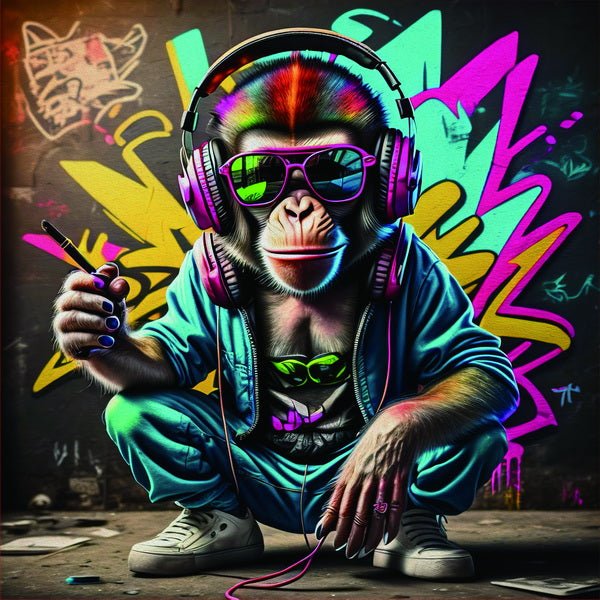 Pop Art Chimpanzee Headphones Framed PVC (44968) - MarshallsHealthShop