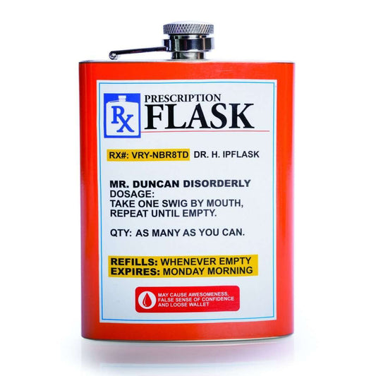 Prescription Metal Flask
Amusing prescription inspired flask – just what the doctor ordered!
Made from quality stainless steel
Holds 8oz/235ml of your favourite booze
9(L) x 2(W) x 13.5(H) cm
Colour box
1st Stop, Marshall's Health Shop, Gift Shop!

SKU: TF-F8/P