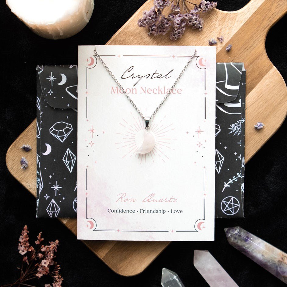 Rose Quartz Crystal Moon Necklace on Greeting Card - MarshallsHealthShop
