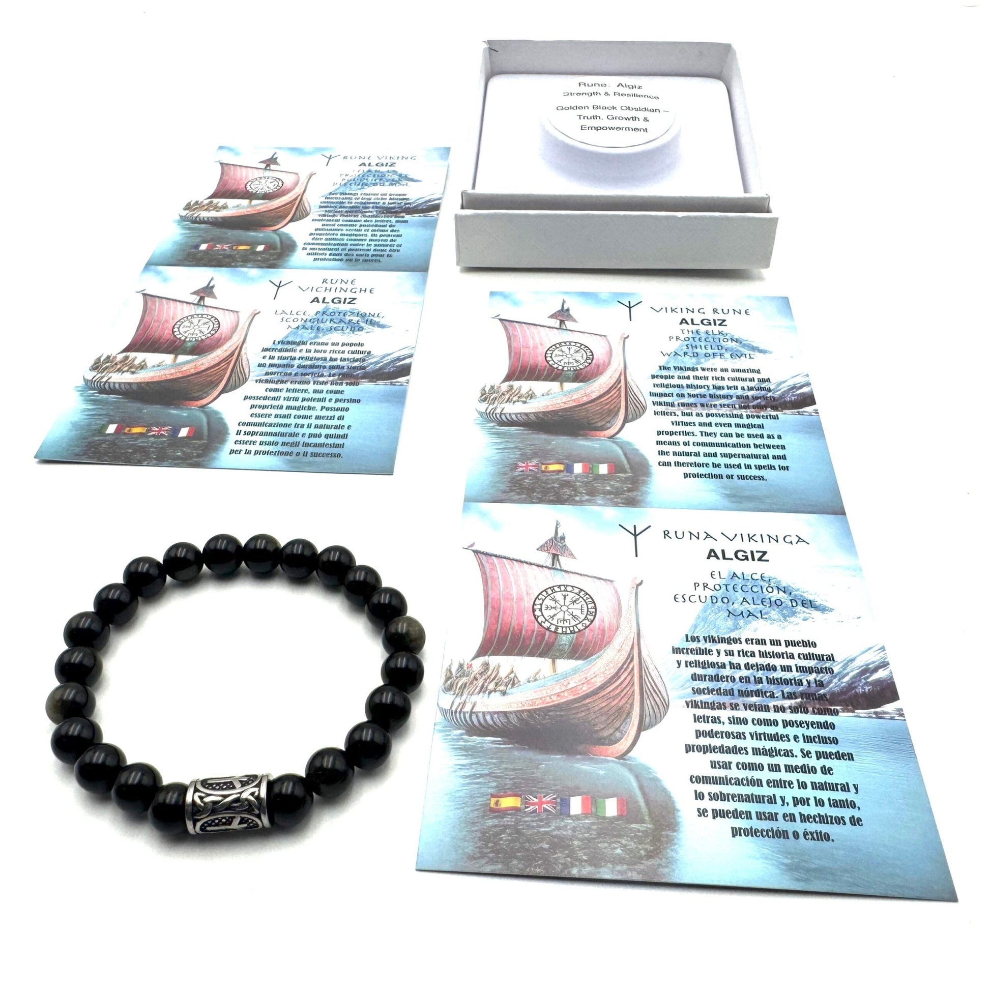 Rune Bracelet Golden Black Obsidian Algiz - MarshallsHealthShop