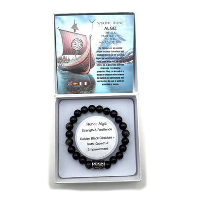 Rune Bracelet Golden Black Obsidian Algiz - MarshallsHealthShop