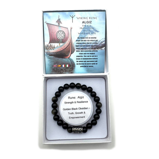 Rune Bracelet Golden Black Obsidian Algiz - MarshallsHealthShop