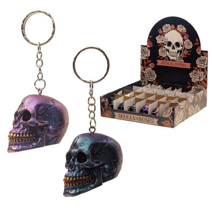 Skulls and Roses Dark Metallic and Gold Skull Keyring - MarshallsHealthShop