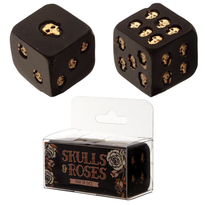 Skulls and Roses Set of 2 Black and Gold Skull Dice - MarshallsHealthShop