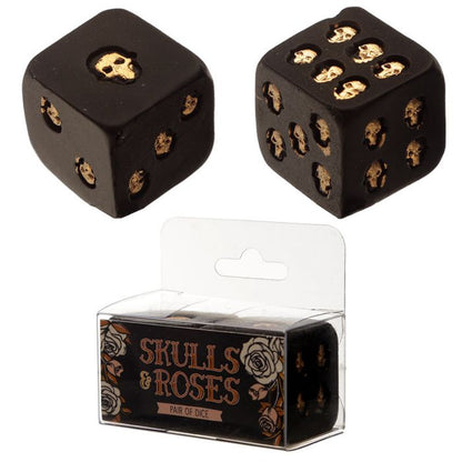 Skulls and Roses Set of 2 Black and Gold Skull Dice - MarshallsHealthShop