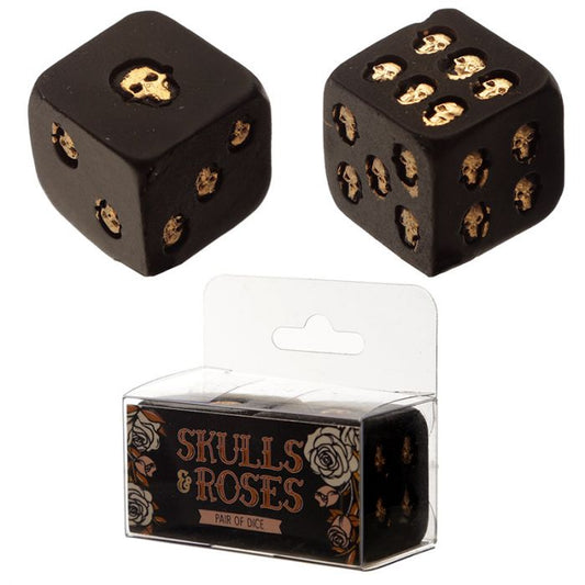 Skulls and Roses Set of 2 Black and Gold Skull Dice - MarshallsHealthShop