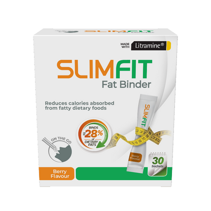 SLIMFIT Fat Binder Berry Flavour Sachet  SLIMFIT Fat Binder binds dietary fat from food and becomes a large fat-fibre complex that is too large to be absorbed in the small intestine.  SLIMFIT Fat Binder helps manage excess weight in conjunction with a balanced diet and exercise and may aid in general weight management.