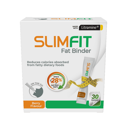 SLIMFIT Fat Binder Berry Flavour Sachet  SLIMFIT Fat Binder binds dietary fat from food and becomes a large fat-fibre complex that is too large to be absorbed in the small intestine.  SLIMFIT Fat Binder helps manage excess weight in conjunction with a balanced diet and exercise and may aid in general weight management.