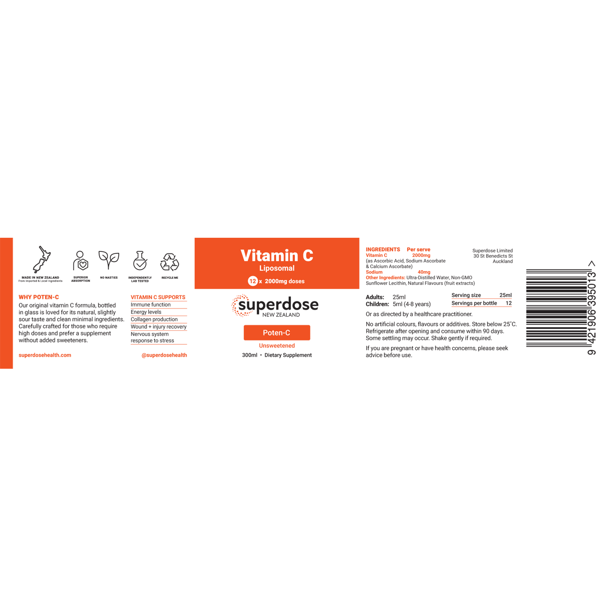 What is liposomal Superdose Vitamin C drink?

It is a superdose Vitamin-C in a glass bottle without any nasty fillers or additives. Liposomal Vitamin C is more easily absorbed and more effectively utilised by the body. This formula uses non-GMO sunflower lecithin to provide healthy fats and a delivery system that is easy on digestion. Each dose provides 2000 mg of Vitamin C.
1st Stop, Marshall's Health Shop!