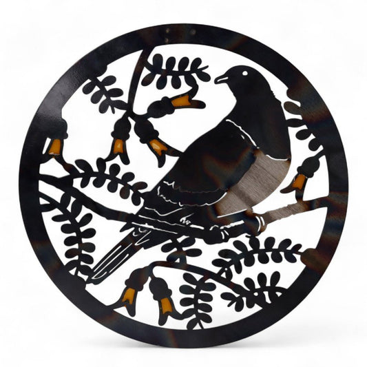 Wall Art - Round Steel - Kereru with Kowhai 30cm - MarshallsHealthShop
