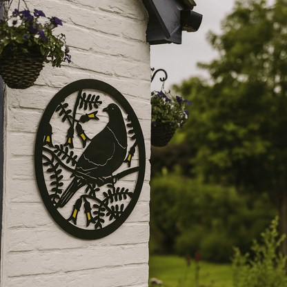 Wall Art - Round Steel - Kereru with Kowhai 30cm - MarshallsHealthShop