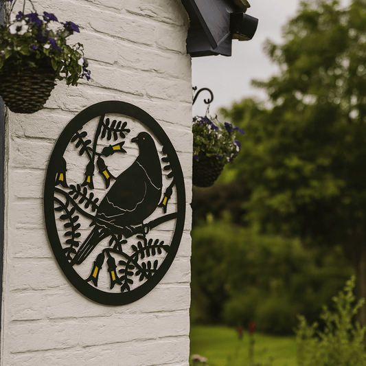 Wall Art - Round Steel - Kereru with Kowhai 30cm - MarshallsHealthShop