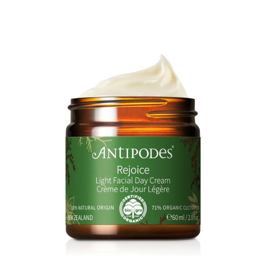 Antipodes Rejoice Light Facial Day Cream 60ml 1st Stop, Marshall's Health Shop!  Manuka flower oil, renowned for its revitalizing benefits, promotes a fresh, blemish-free complexion, while avocado oil stimulates collagen production and helps to diminish fine lines and wrinkles.