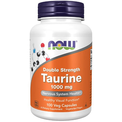 NOW Taurine Double Strength 1000mg 100 Veg Caps. What is Taurine?  Taurine is a conditionally essential amino acid which is not utilized for protein synthesis, but is mainly found free in most tissues, especially throughout the nervous system.  It functions in tissues by stabilizing cell membranes, aiding the transport of potassium, sodium, calcium and magnesium in and out of cells.