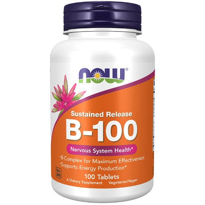 NOW Vitamin B-100 Sustained Release 100 Tablets. What is Vitamin B-100?  B-Vitamins are water soluble, and with the exception of B-12, have limited storage in the body and thus require daily replenishment. While B-12 is stored in the liver, dietary sources are of animal origin only (meat and dairy) and supplementation with B-12 may be especially important for vegetarians.