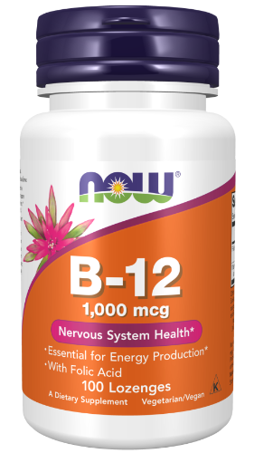 NOW VITAMIN B-12 1000mcg 100 lozenges. Vitamin B-12 (cyanocobalamin) is a water soluble vitamin necessary for the maintenance of a healthy nervous system and for the production of energy from fats and proteins.