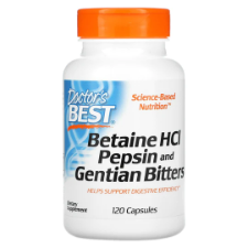 Doctor's Best Betaine HCL Pepsin & Gentian Bitters, 120 Capsules Betaine HCI/Pepsin/Gentian Bitters contains three nutritional factors that perform complementary functions designed to support the efficiency of the digestive process. Supplementing with Betaine HCI may support the stomach's digestive capacity.