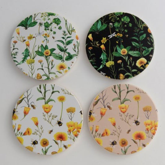 Salisbury Bees & Flowers Coasters, Set Of 4 Bees & Flowers coasters, set of 4,   9cm, ceramic with cork bases  2 designs, 4 background colours (2 white, 1 taupe, 1 black)