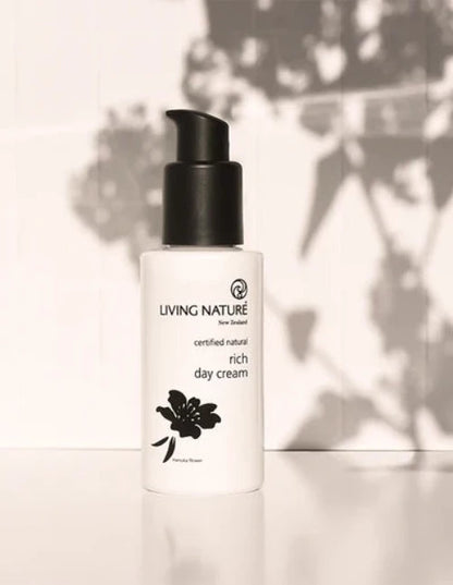 Living Nature’s certified natural Rich Day Cream is a luxuriously rich daily moisturiser to deeply nourish and protect against damaging free radicals.  • A nutrient rich cream formulated to draw in moisture and provide deep nourishment for dry skin • Provides daily protection to help neutralise skin aging free radicals • Suitable for dry and mature skin • Certified natural • Made in New Zealand
