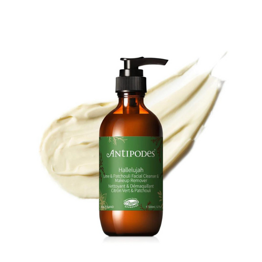 Antipodes Hallelujah Lime & Patchouli Cleanser & Makeup Remover 200ml 1st Stop, Marshall's Health Shop!  This creamy vegan botanical formulation features wild harvest kawakawa leaf extract from lush New Zealand nature, with hydrating avocado oil to nourish the skin and replenish lost oils.  SKIN BENEFITS: