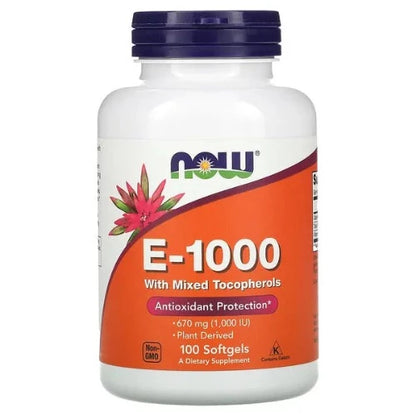 NOW Vitamin E-1000 100 Softgels. What is Vitamin E?  Vitamin E is a major antioxidant and the primary defence against lipid peroxidation. It is particularly important in protecting the body's cells from free radical/oxidative damage.  Cell protection against oxidative damage is achievable with supplemental intakes higher than what is normally consumed in the average diet.
