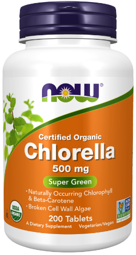 NOW Chlorella Organic 500mg 200 Tablets Chlorella is a green single-celled microalgae that has naturally occurring chlorophyll, plus beta-carotene, mixed carotenoids, vitamin C, iron and protein. The cell wall in this high-quality chlorella has been broken down mechanically to aid digestibility.  NOW® Chlorella delivers the natural nutrient profile found in genuine whole foods.
