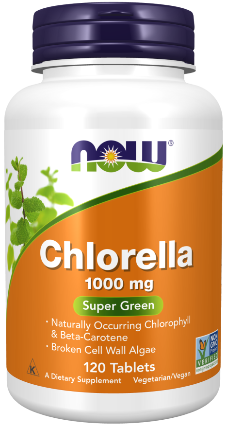 NOW Chlorella 1000mg 120 Tablets NOW® Chlorella delivers the natural nutrient profile found in genuine whole foods.  Chlorella is a green single-celled microalgae that has naturally occurring chlorophyll, plus beta-carotene, mixed carotenoids, vitamin C, iron, and protein. The cell wall in this high-quality chlorella has been broken down mechanically to aid digestibility. Natural colour variation may occur in this product.