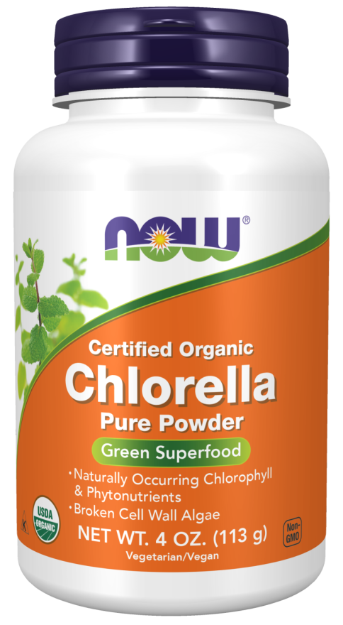 NOW Chlorella Certified Organic 113g Powder Chlorella is a green single-celled microalgae that has naturally occurring chlorophyll, plus other phytonutrients. The cell wall in this high quality chlorella has been broken down mechanically to aid digestibility.  NOW® Chlorella delivers the natural nutrient profile found in genuine whole foods.